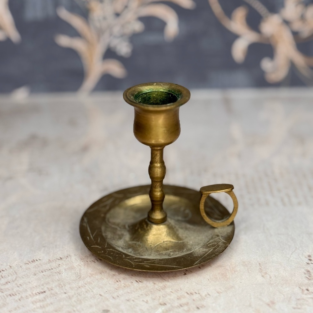 Vintage Chinese Brass Chamberstick Candlestick Carp Etched Saucer - Picture 2 of 9